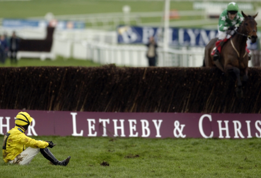 man sitting on ground, horse jumping over bush